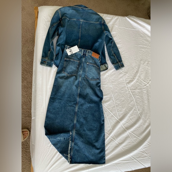 Zara set Long front Slit Denim High waist Skirt & Jacket Indigo Dark Blue S NWT - Picture 15 of 16